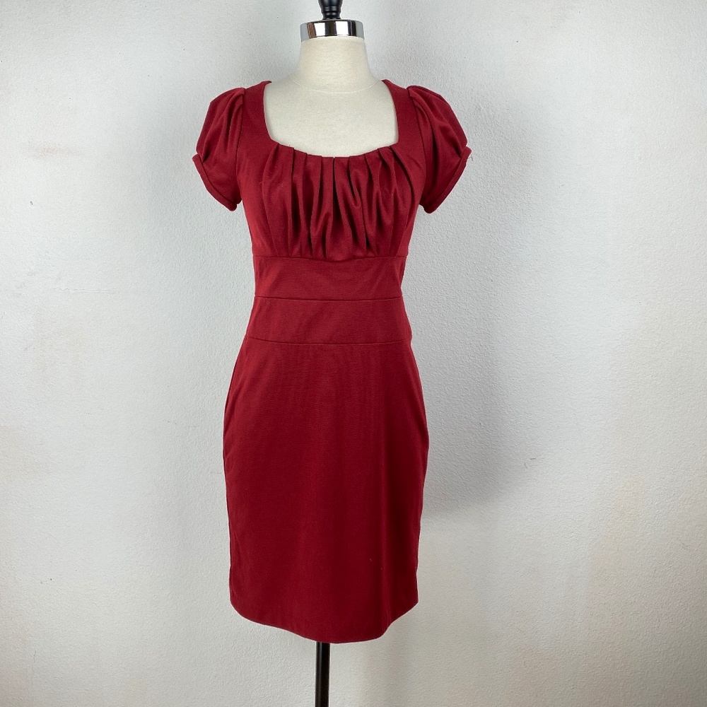 Dark Red Knit Bodycon Short Puff Sleeve Dress Gathered Bodice Cummerbund Lined M